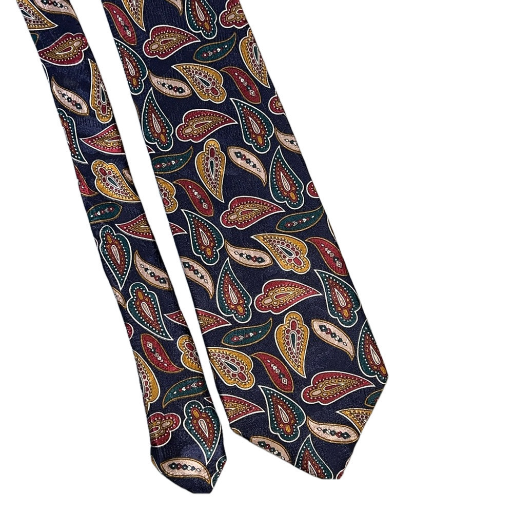 Lands End Mens 100% Silk Multicolor Necktie Tie Black Paisley 60”
